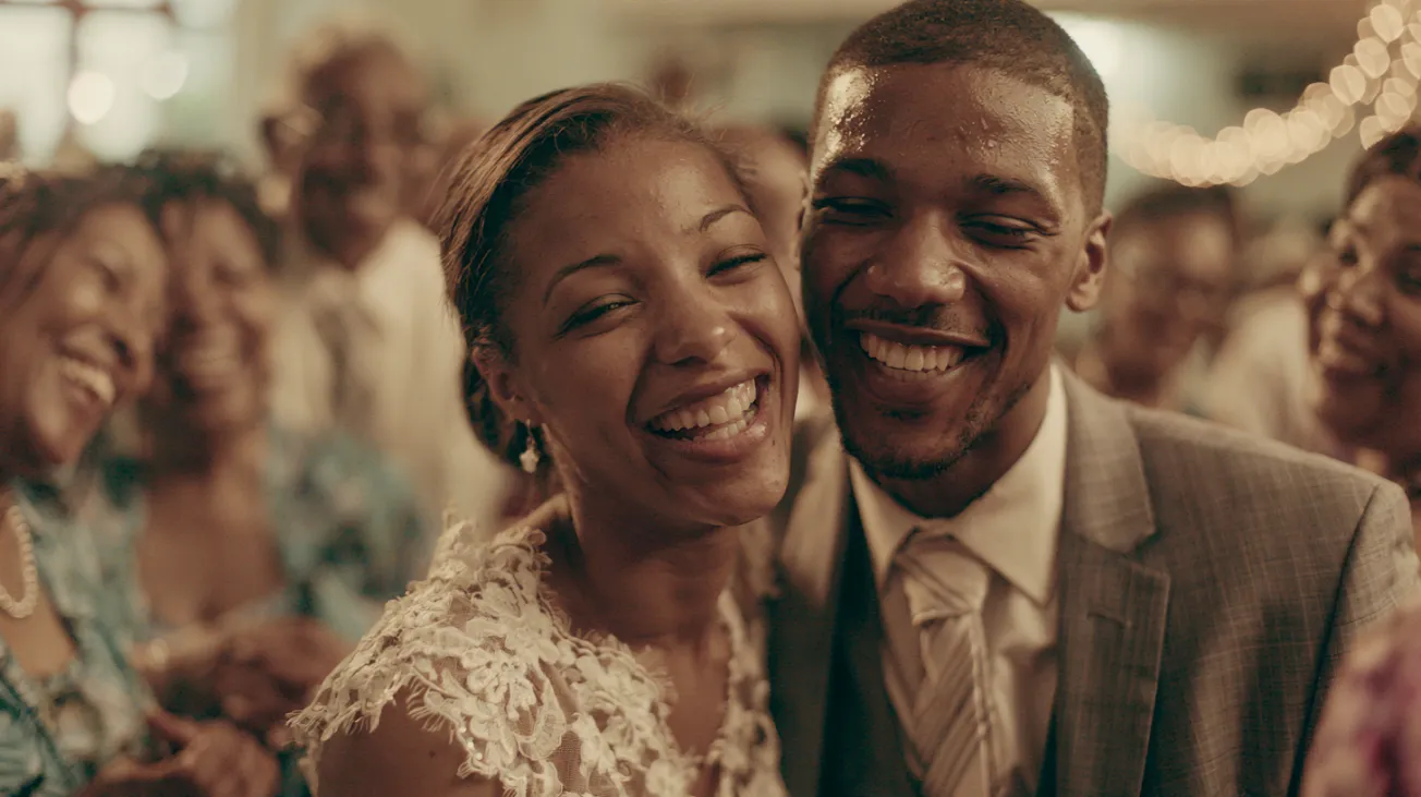 Church members celebrating the wedding of a young couple who are members of the church