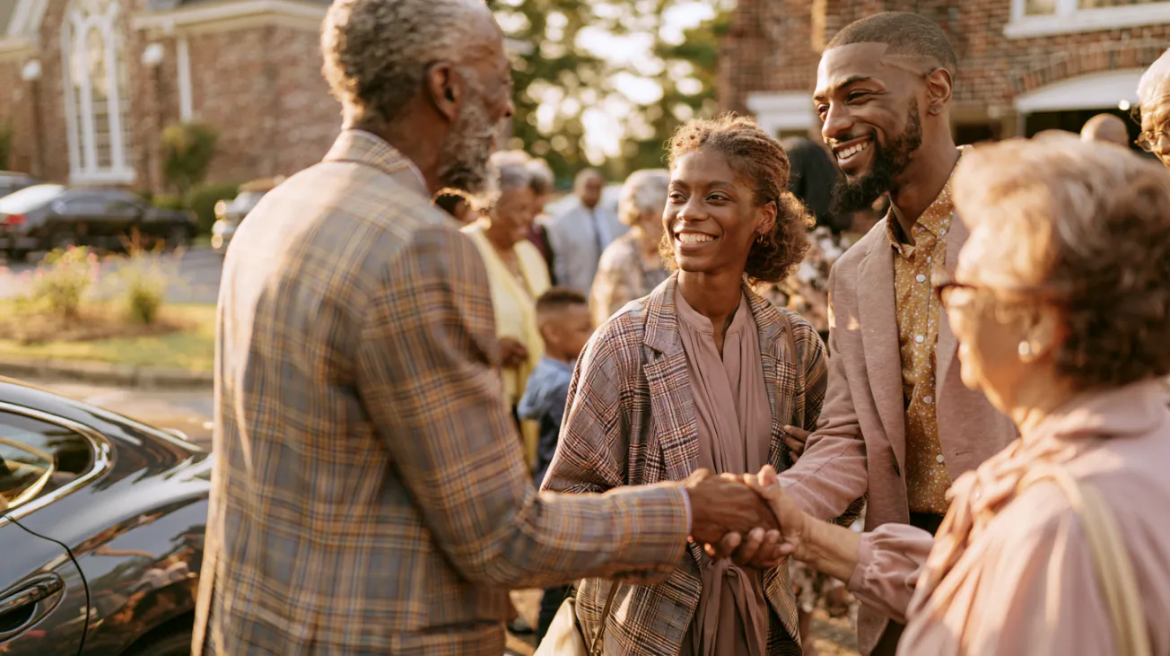 Young adult greeters welcoming people to church